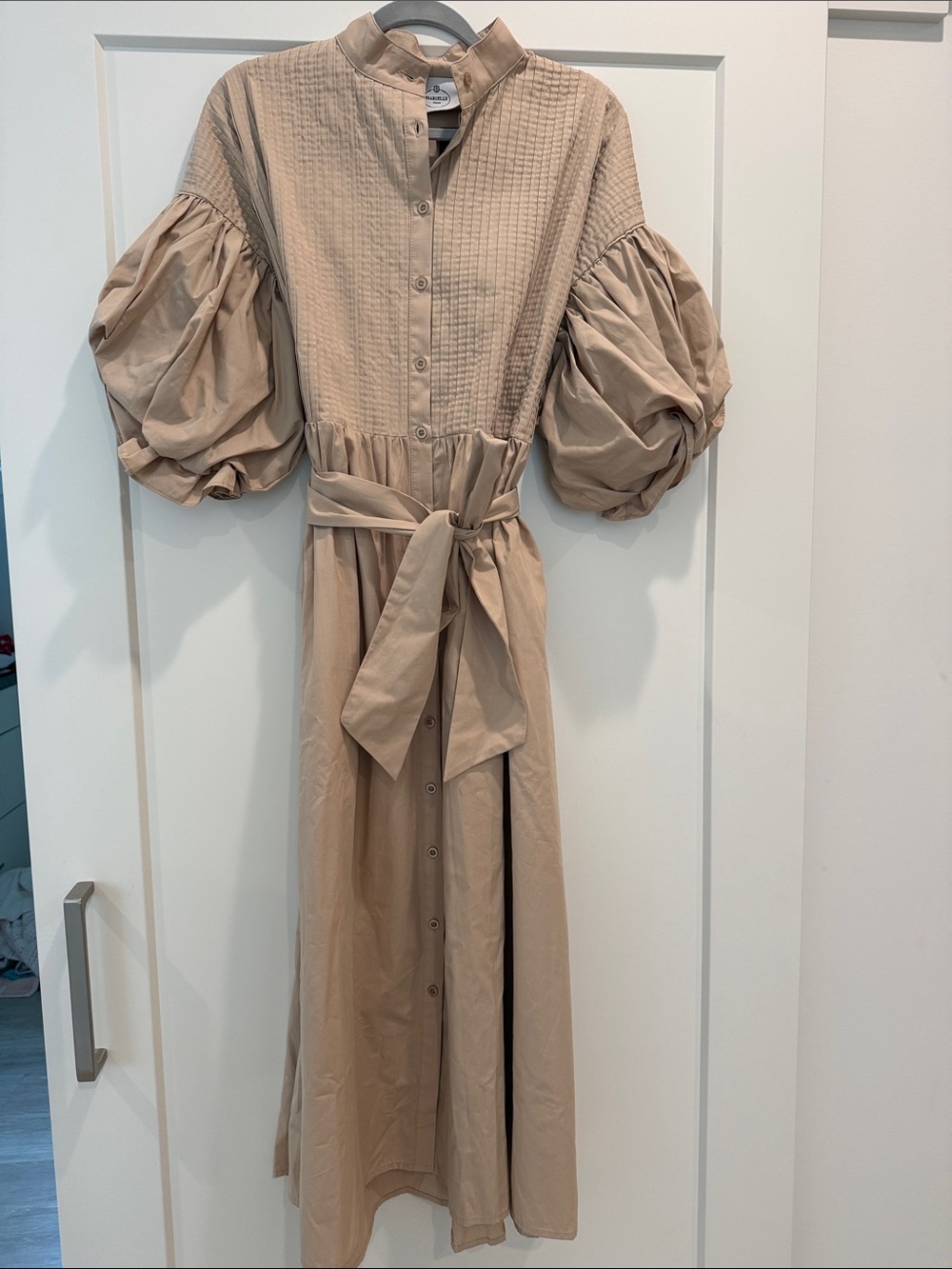 Tie-Waist Maxi Dress with Statement Puff Sleeves - Beige